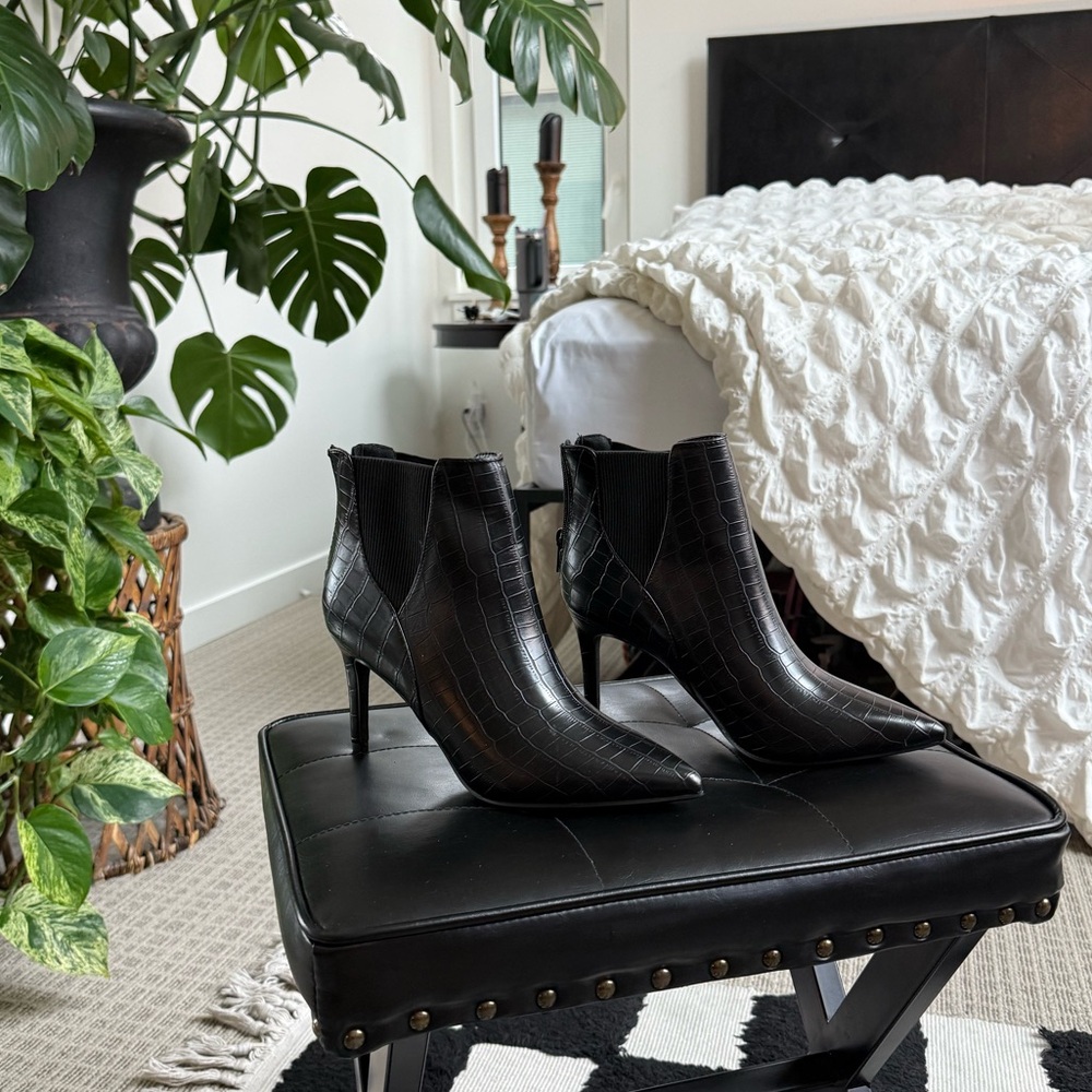 NWOT - Croc Faux Leather Black Spike Heel Ankle Booties